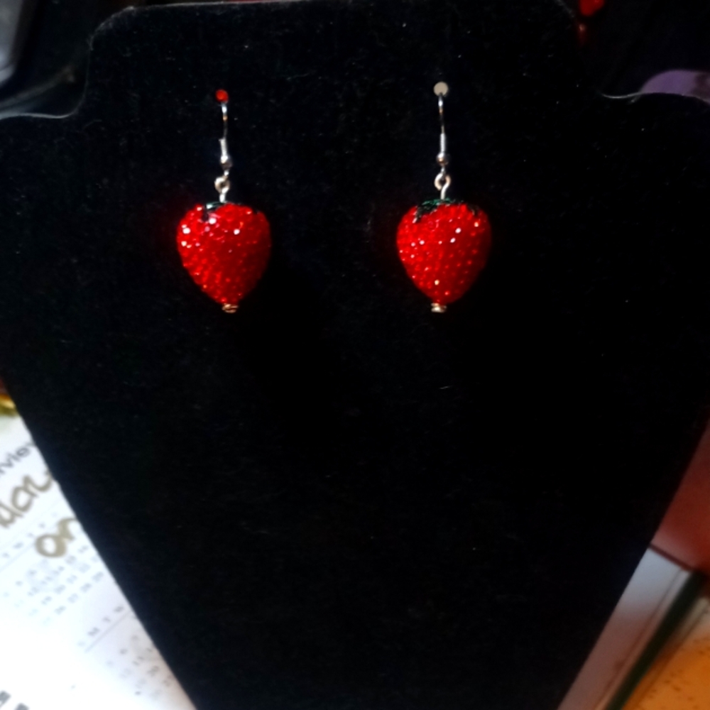Free Shipping! Rhinestone strawberry earrings. Hand Crafted